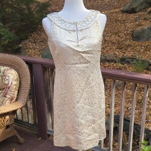 Eliza J Metallic Gold and Cream Jacquard Weave Embellished Shift Dress sz 8